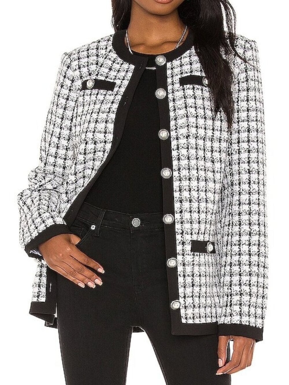 Lovers Friends Lucca Jacket Black White Metallic Sparkly Plaid Tweed Blazer Coat